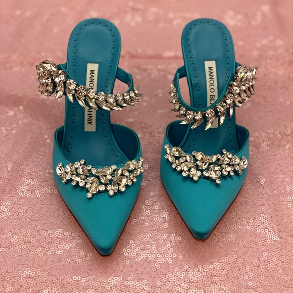 NEW! Manolo Blahnik Lurum 90mm Crystal Embellished Mules Turquoise Satin Sz 5/35 - Picture 7 of 10